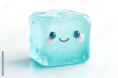 A cute, smiling, light blue ice cube with bubbly texture.