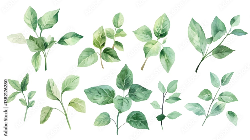 Create clipart of mint sprigs with delicate leaves and vibrant green tones, isolated on a white background Create clipart of mint sprigs with delicate leaves and vibrant green tones, isolated on a white background