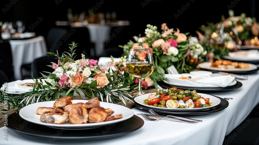 Elegant Dining Table Displayed with Exquisite Food and Beautiful Flowers Elegant Dining Table Displayed with Exquisite Food and Beautiful Flowers