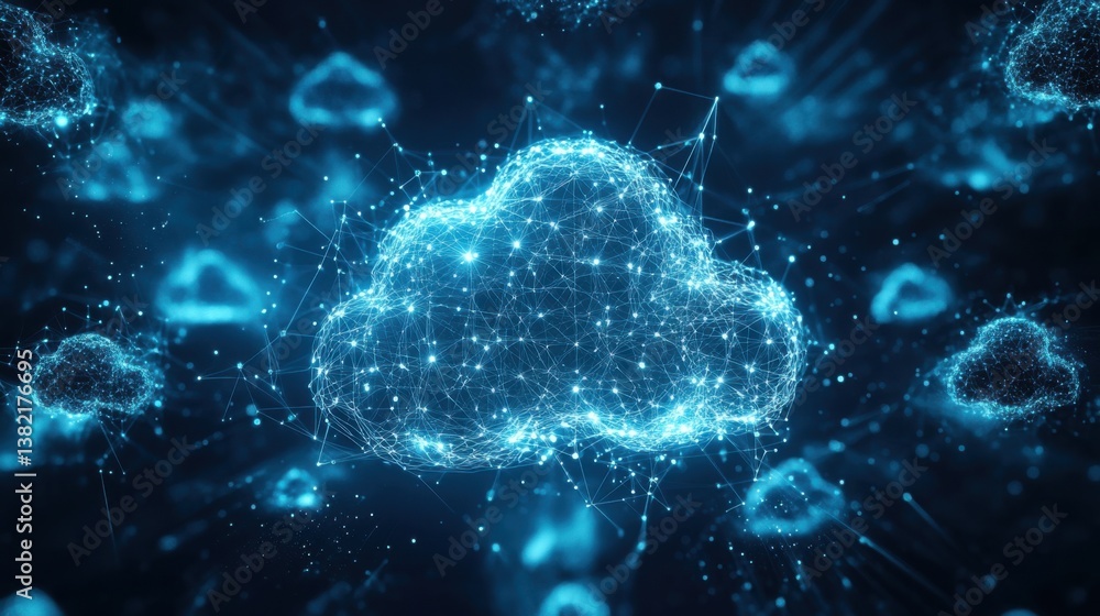 A digital representation of interconnected cloud networks, showcasing vibrant blue nodes and lines that illustrate data flow and connectivity in a futuristic setting.