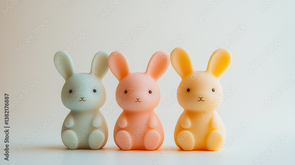 Soft pastel silicone toys arranged aesthetically, featuring three cute bunny figures in blue, pink, and yellow. These charming toys evoke sense of playfulness and joy Soft pastel silicone toys arranged aesthetically, featuring three cute bunny figures in blue, pink, and yellow. These charming toys evoke sense of playfulness and joy