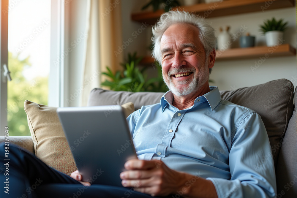 Smiling senior comfortably seated on a sofa at home, enjoying time using a digital tablet. Smiling senior comfortably seated on a sofa at home, enjoying time using a digital tablet.