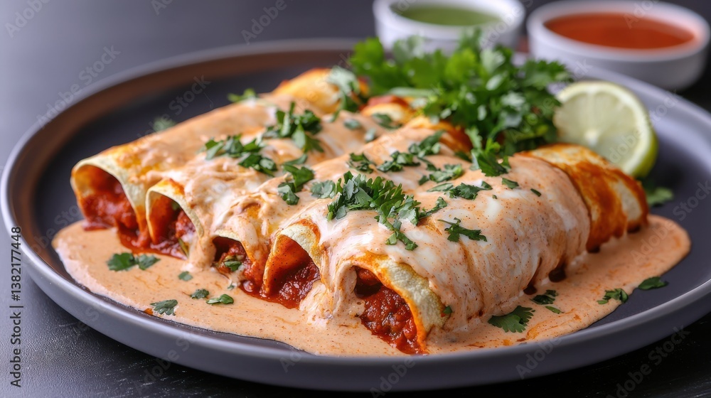 Delicious Plate of Enpeasts Drenched in Rich Sauce with Fresh Parise Delicious Plate of Enpeasts Drenched in Rich Sauce with Fresh Parise