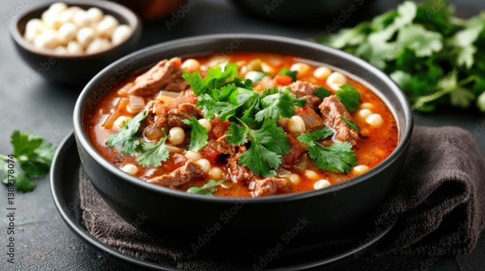 Aromatic Bowl of Beef and Bean Soup with Fresh Herbs and Spices Steaming Aromatic Bowl of Beef and Bean Soup with Fresh Herbs and Spices Steaming