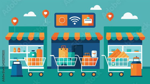 A grocery store where shopping carts are equipped with sensors to track consumer movements and compile data on product placement and purchasing habits.. Vector illustration
