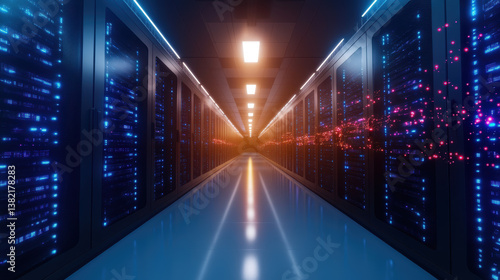 Futuristic data center corridor with glowing servers