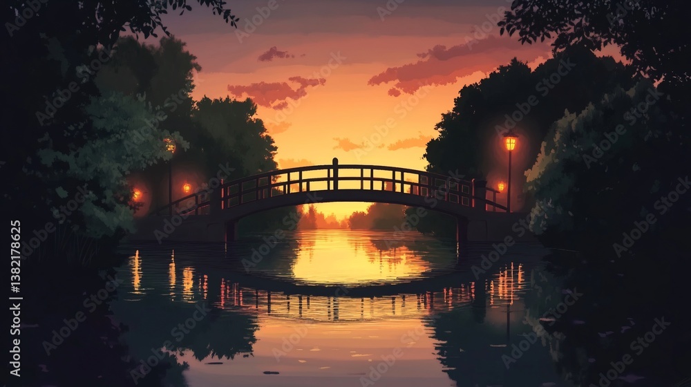 Fototapeta premium Painted serenity , Tranquil bridge scene under warm sunset hues