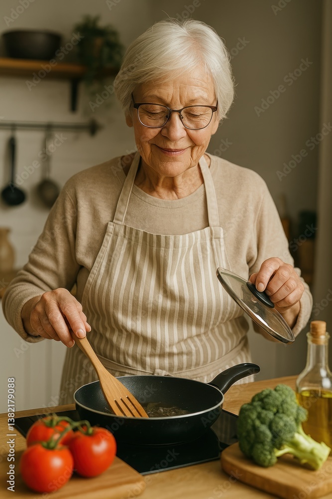 Elderly woman cooking joyfully.
