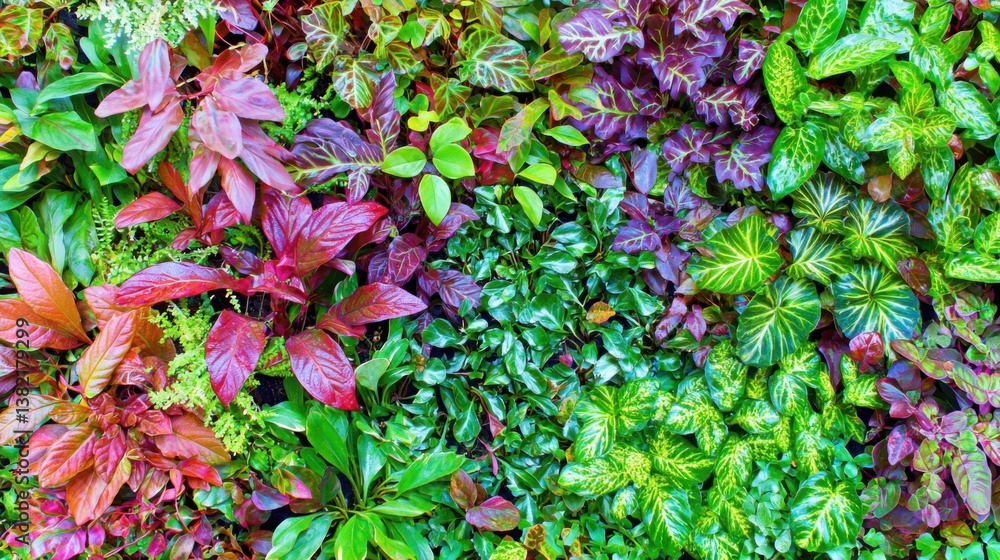 Vibrant wall of colorful leaves showcasing the beauty of nature in an ai-managed vertical garden in an office space Vibrant wall of colorful leaves showcasing the beauty of nature in an ai-managed vertical garden in an office space