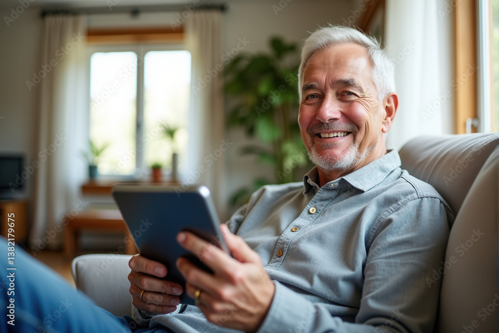 Smiling senior comfortably seated on a sofa at home, enjoying time using a digital tablet. Smiling senior comfortably seated on a sofa at home, enjoying time using a digital tablet.
