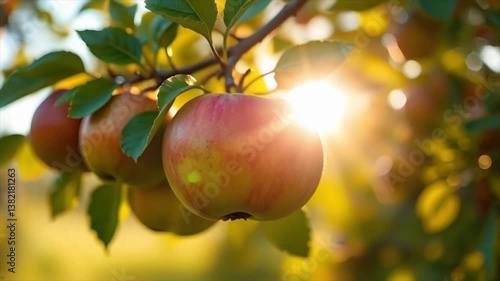 Ripe red apples hanging on a branch in an orchard, HD animation footage.