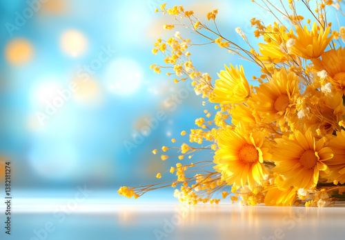 Background wallpaper with yellow flowers and wheat in a vase, soft blue bokeh lights, and ample copy space for text, all in an autumn theme.