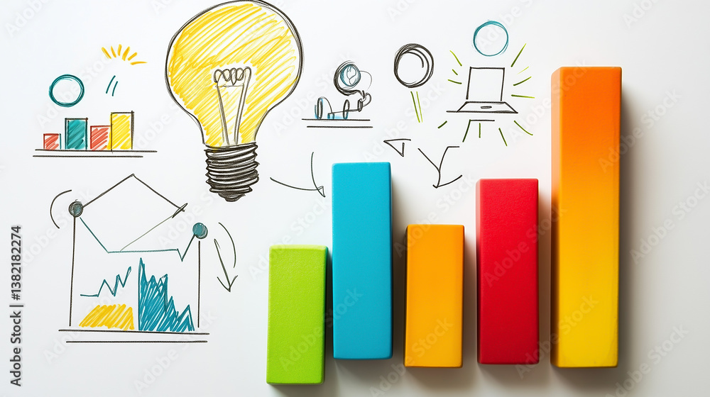 Colorful business growth bar chart with doodle illustrations of light bulb, graphs and workflow diagrams on white background. Concept of innovation, business strategy and idea development. Colorful business growth bar chart with doodle illustrations of light bulb, graphs and workflow diagrams on white background. Concept of innovation, business strategy and idea development.