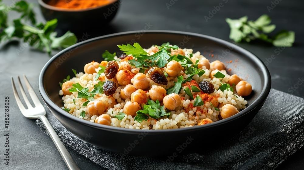 Delicious Bowl of Chickpeas and Couscous Garnished with Fresh Herbs Delicious Bowl of Chickpeas and Couscous Garnished with Fresh Herbs