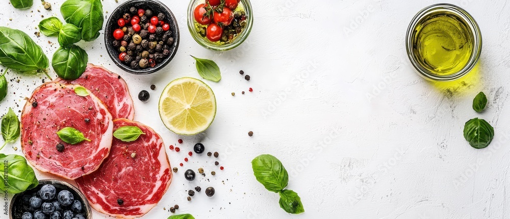 A vibrant arrangement of fresh ingredients, including meat, basil, berries, and olive oil, perfect for culinary inspirations and healthy cooking. A vibrant arrangement of fresh ingredients, including meat, basil, berries, and olive oil, perfect for culinary inspirations and healthy cooking.