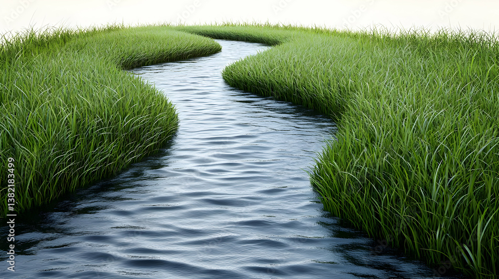 3D Render Lush Green Grass Stream