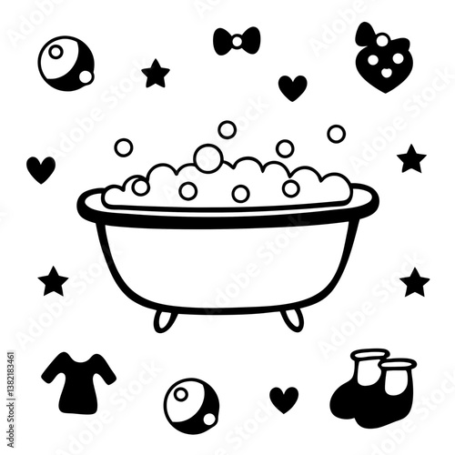 Render a charming illustration of a baby's bathtub overflowing with bubbly foam, a stylized symbol subtly floating above.