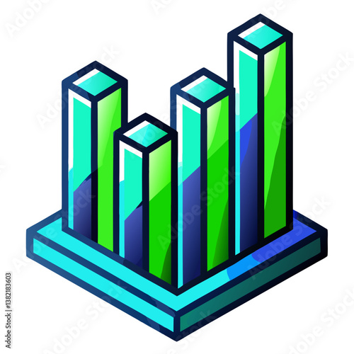 Create a vibrant bar graph icon featuring luminous blue and green bars, ideal for data visualization.  The bars should have a slight glow effect.