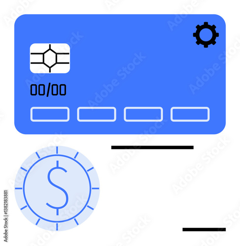 Payment card with prominent chip, numerical placeholders, and gear suggesting configuration. Includes coin with dollar symbol. Ideal for finance, banking, transactions, technology, digital wallets