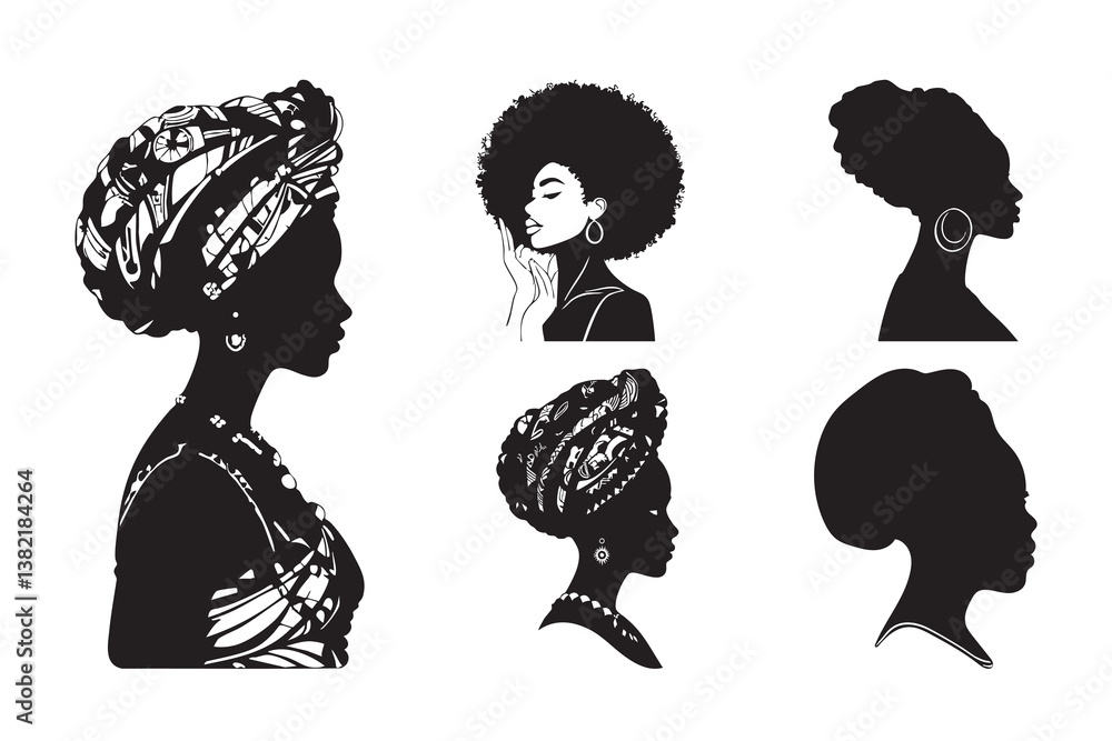 Collection of Black Woman Silhouettes with Head Wraps and Natural Hair Collection of Black Woman Silhouettes with Head Wraps and Natural Hair