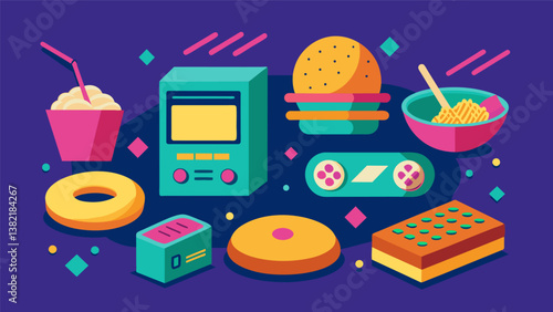 A 80sinspired spread featuring classic microwaveable snacks like Bagel Bites Hot Pockets and Ramen noodles.. Vector illustration
