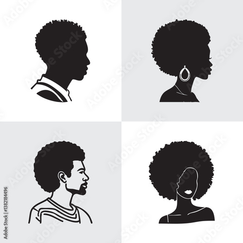 Silhouettes of Black Men and Women with Afro Hairstyles