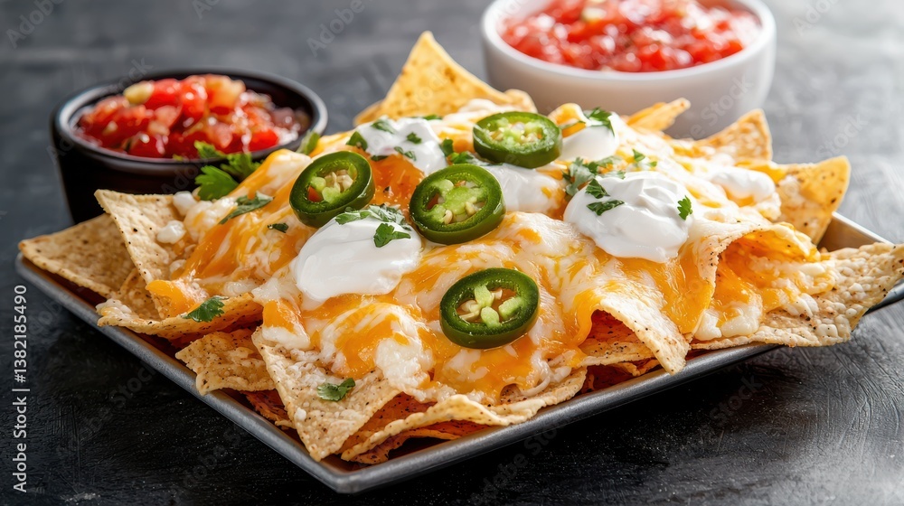 Deliciously Cheesy Nachos Served on a Plate with Tasty Sauces and Garnish Deliciously Cheesy Nachos Served on a Plate with Tasty Sauces and Garnish