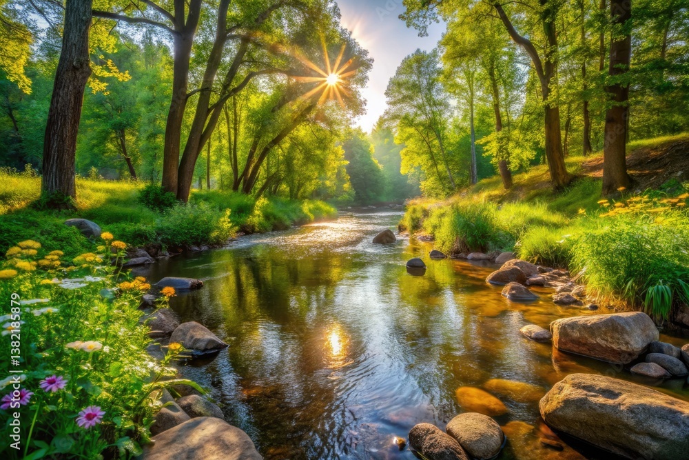 Peaceful Summer Creek: lush greenery reflects in calm waters, idyllic nature scene. Peaceful Summer Creek: lush greenery reflects in calm waters, idyllic nature scene.