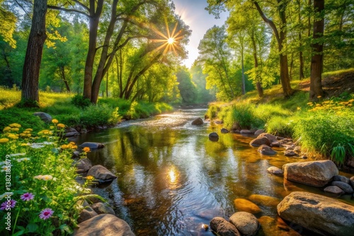 Peaceful Summer Creek: lush greenery reflects in calm waters, idyllic nature scene.