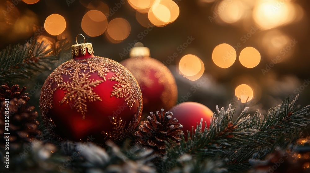 A close-up of festive red Christmas ornaments resting among pine branches, illuminated by warm bokeh lights, creating a cozy holiday atmosphere. A close-up of festive red Christmas ornaments resting among pine branches, illuminated by warm bokeh lights, creating a cozy holiday atmosphere.