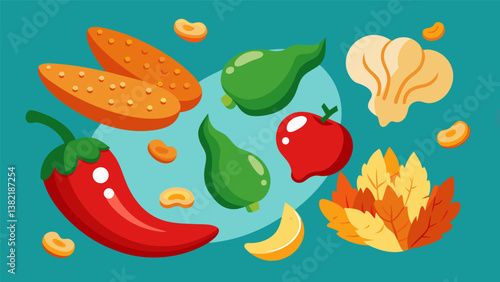 A selection of fiery snacks featuring crunchy chili garlic peanuts and sizzling wasabi seaweed crisps.. Vector illustration