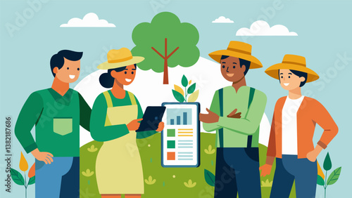 A group of farmers huddle around a tablet comparing realtime weather data with historical trends to make more informed decisions about planting and harvesting.. Vector illustration