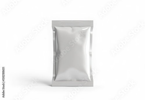 food packaging, ketchup white foil sachet bag mockup, single use packet isolated on white background, blank ready for customization and branding