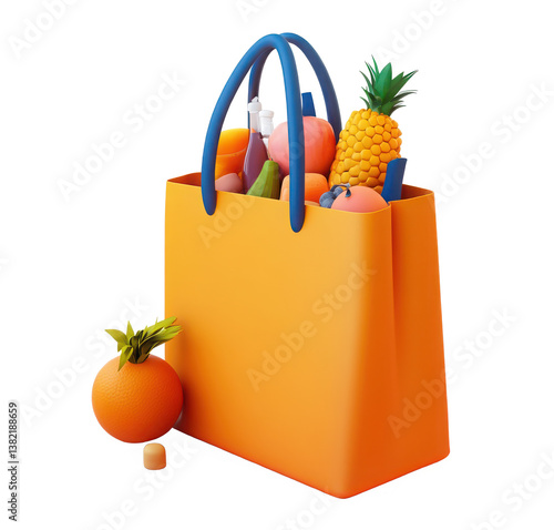 3D icon of a grocery bag with food items, in an orange and blue color theme, on a transparent background