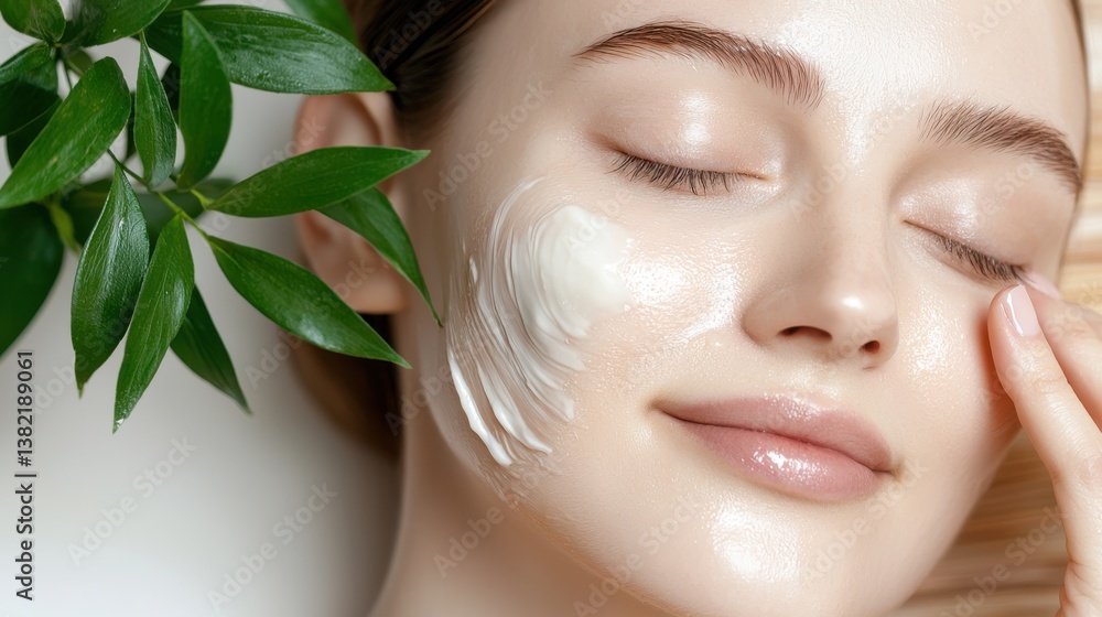 Woman Applying Cream on Face in a Bright and Cheerful Bathroom Setting Woman Applying Cream on Face in a Bright and Cheerful Bathroom Setting