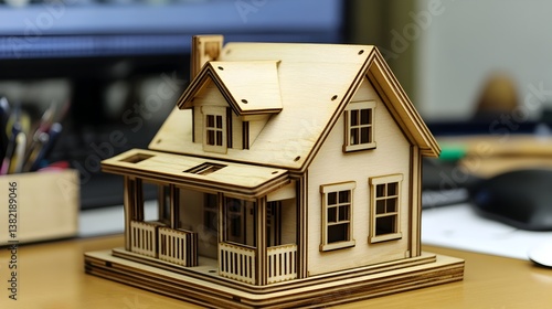 Wallpaper Mural A charming wooden model house sits on a desk near a computer and office supplies representing homeownership dreams. Torontodigital.ca