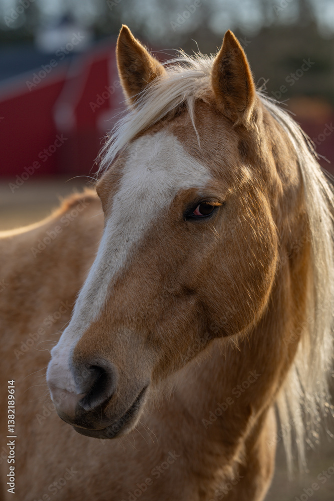 Fototapeta premium Horses grazing in a sunlit meadow. A brown horse standing in a field. A horse peacefully grazing in a green pasture. A herd of horses at the countryside. Beautiful horses enjoying freedom in nature.