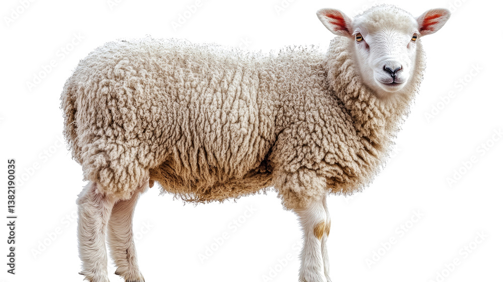 Fototapeta premium Fluffy Lamb: A close-up shot captures a single, adorable lamb, its thick, fluffy white wool and innocent eyes fill the frame. The image evokes feelings of peace and tranquility.