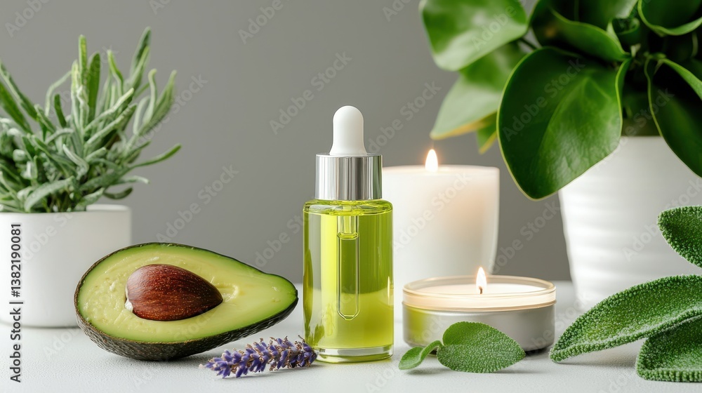 Elegant Arrangement of Avocado Bottle Candle and Small Avocado Decor Elegant Arrangement of Avocado Bottle Candle and Small Avocado Decor