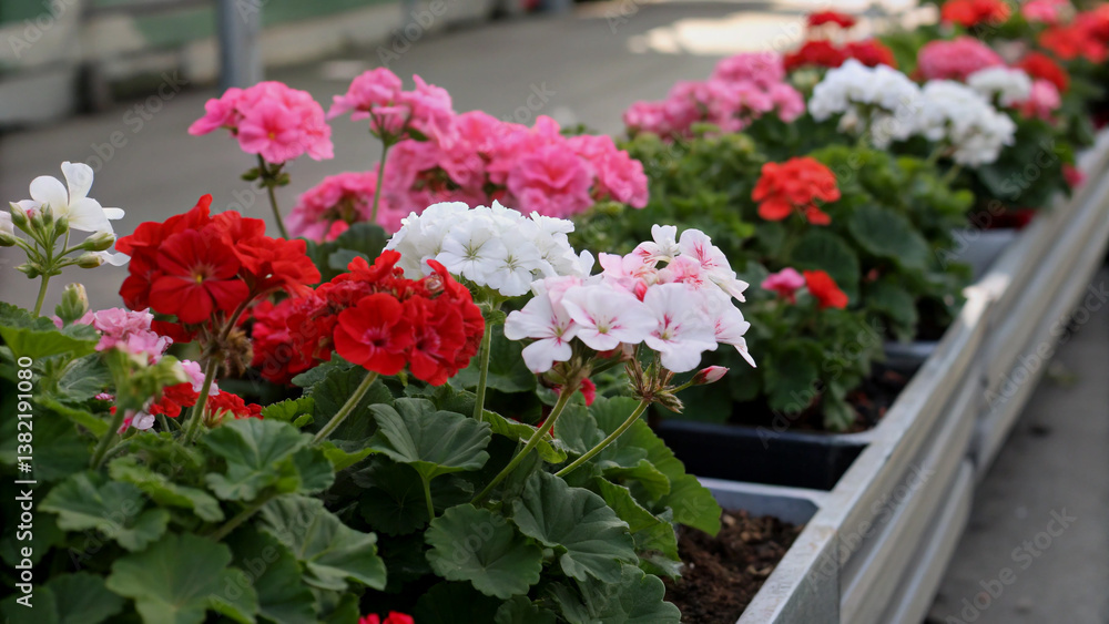 Vibrant Geraniums in a Colorful Garden Display Vibrant Geraniums in a Colorful Garden Display