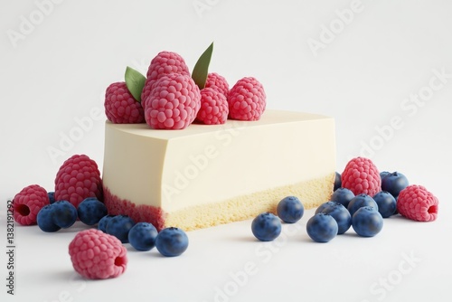 A slice of creamy cheesecake topped with fresh raspberries and surrounded by blueberries.