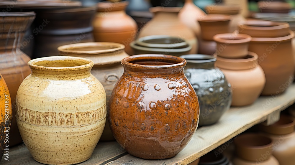 Rustic handmade earthenware clay pots and vessels on wooden table with natural light Rustic handmade earthenware clay pots and vessels on wooden table with natural light