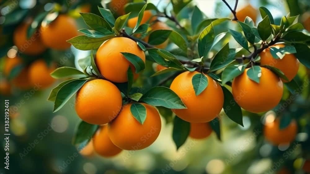 Ripe oranges hanging on tree branches in an orchard, HD animation footage. Ripe oranges hanging on tree branches in an orchard, HD animation footage.