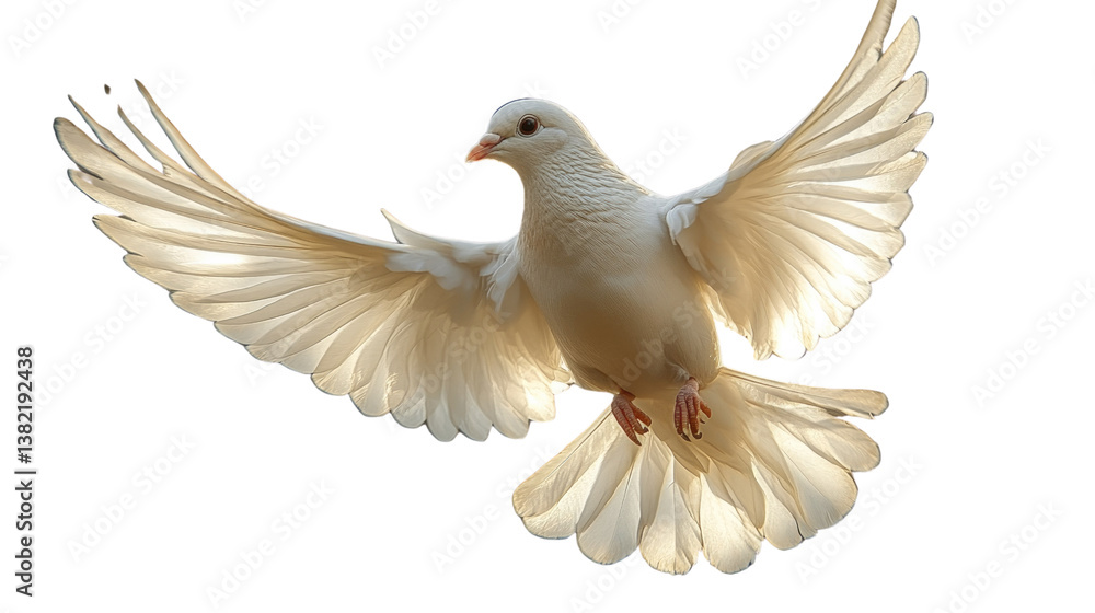 Obraz premium Soaring Serenity: A solitary dove glides gracefully against the sky, its pure white plumage radiating peace and hope, symbolizing tranquility and freedom. 