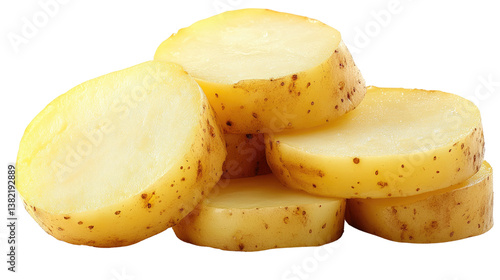 Sliced Potato: A close-up of fresh, sliced potato pieces. Perfect for illustrating culinary concepts and food preparation.