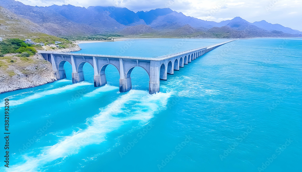 Obraz premium Aerial view of a long dam bridge over turquoise water, mountainous backdrop
