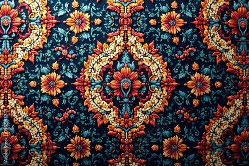Intricate floral damask textile pattern on fabric , backdrop, antique