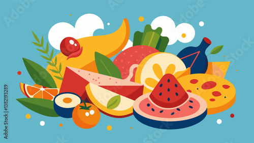 A burst of Mediterranean flavors captured in a picturesque display of cured meats olives and cheeses resembling a vibrant piece of abstract art.. Vector illustration