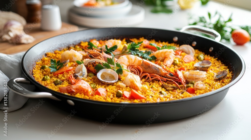 Delicious Pan of Shrimp and Rice with Spoon Capturing Culinary Delight Delicious Pan of Shrimp and Rice with Spoon Capturing Culinary Delight
