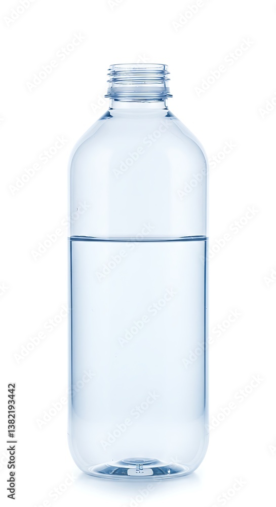 A refreshing half-full bottle of water, ready for a quenching drink, on a bright white background with clean, simple lines. A refreshing half-full bottle of water, ready for a quenching drink, on a bright white background with clean, simple lines.